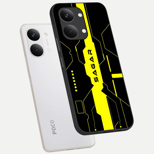 Neon CYBERPUNK Custom Name phone case For Poco X8 Pro Max showing premium glass back cover with detailed artwork