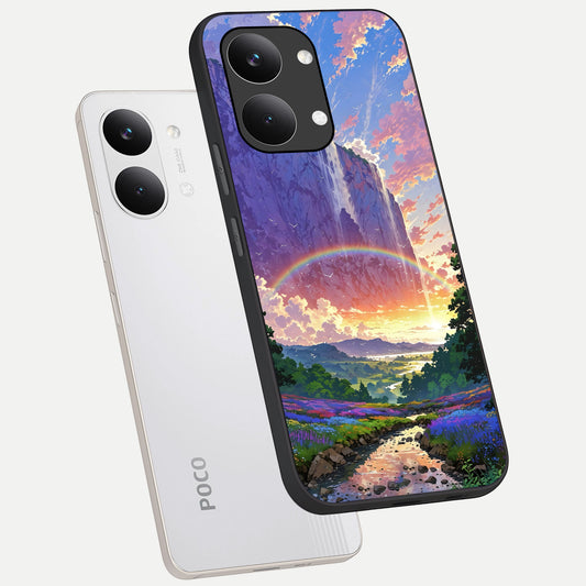 Rainbow Valley Dream phone case For Poco X8 Pro Max showing premium glass back cover with detailed artwork