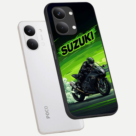 Suzuki Speed Beast phone case For Poco X8 Pro Max showing premium glass back cover with detailed artwork