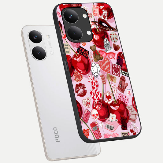 Sweet Cherry Chaos phone case For Poco X8 Pro Max showing premium glass back cover with detailed artwork