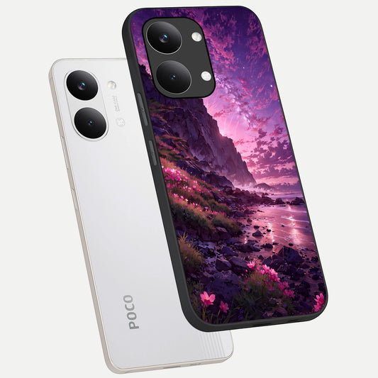 Twilight Blossom Coast phone case For Poco X8 Pro Max showing premium glass back cover with detailed artwork