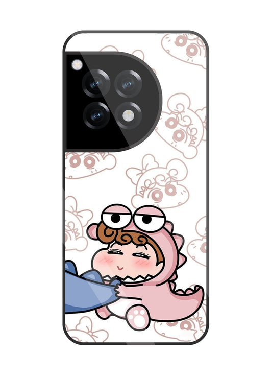 Shinchan Pink Dino Glass Case For OnePlus 12R