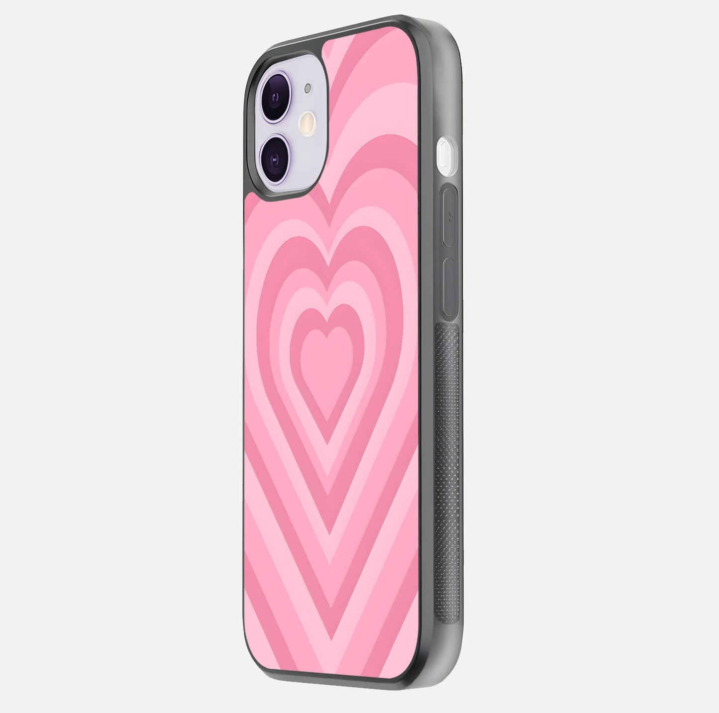 Blush Heart Waves iPhone 11 glass phone case side profile view focusing on smooth edges and elegant wrap