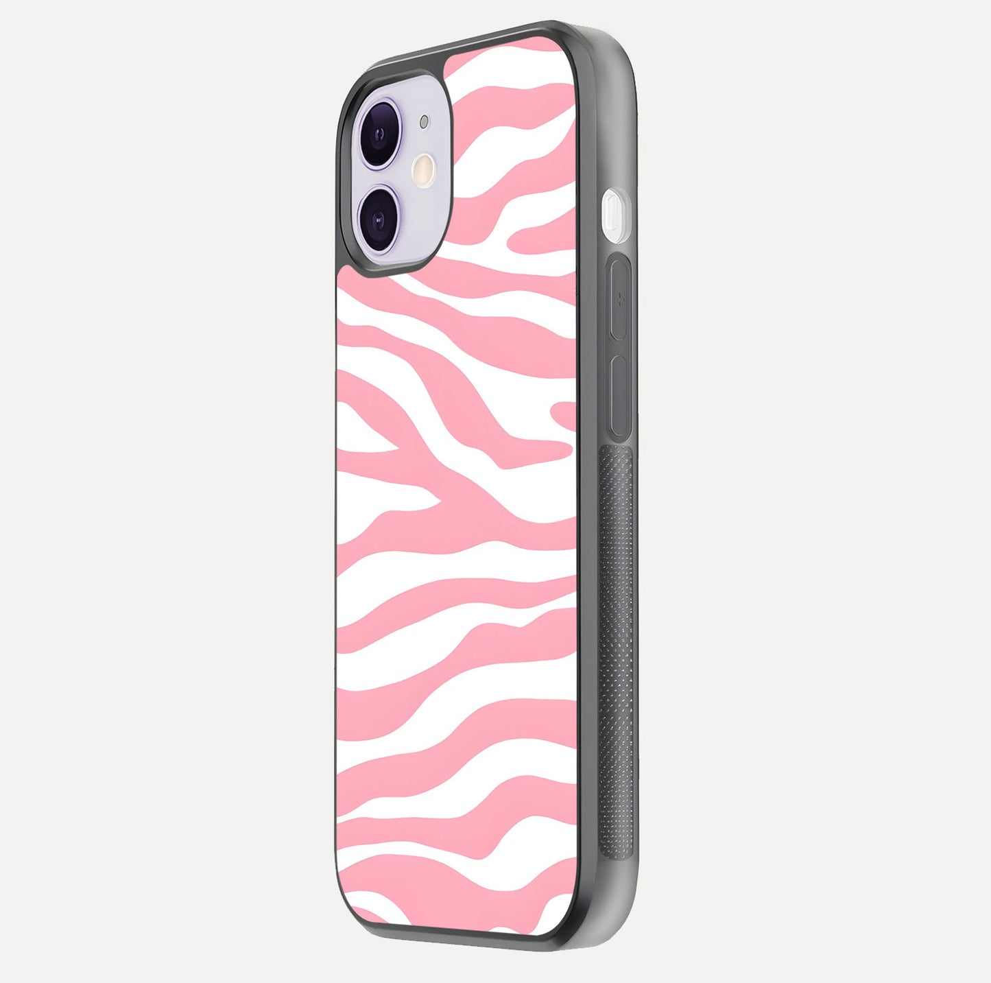 Blush Zebra Flow iPhone 11 glass phone case side profile view focusing on sleek frame and seamless wrap