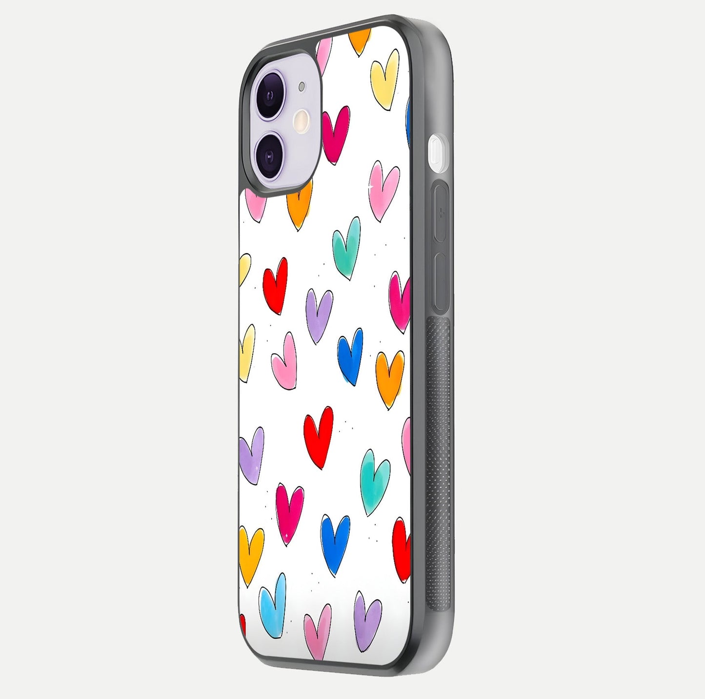 Playful Love Doodles iPhone 11 glass phone case side profile view focusing on smooth frame and seamless wrap