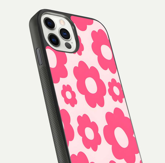 Blush Flower Pop iPhone 11 Pro glass phone case angled back view highlighting bright floral pop design and side grip texture