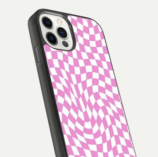 Bubblegum Check Wave iPhone 11 Pro glass phone case angled back view highlighting check wave artwork and side grip texture