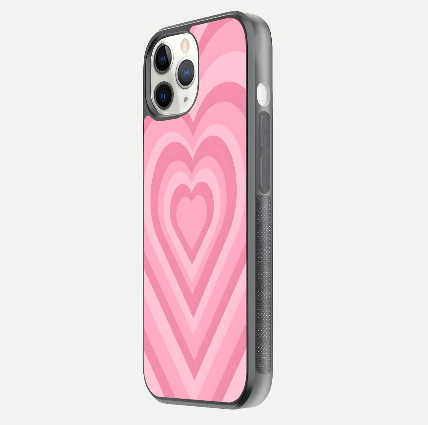 Blush Heart Waves iPhone 11 Pro glass phone case side profile view focusing on smooth edges and elegant wrap