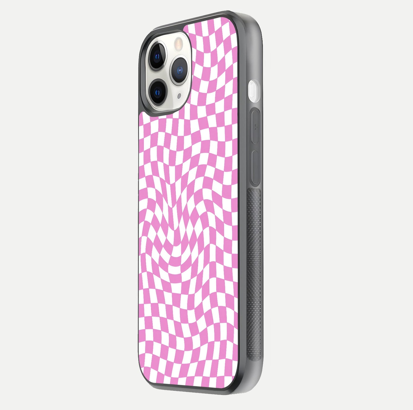 Bubblegum Check Wave iPhone 11 Pro glass phone case side profile view focusing on smooth edges and seamless wrap