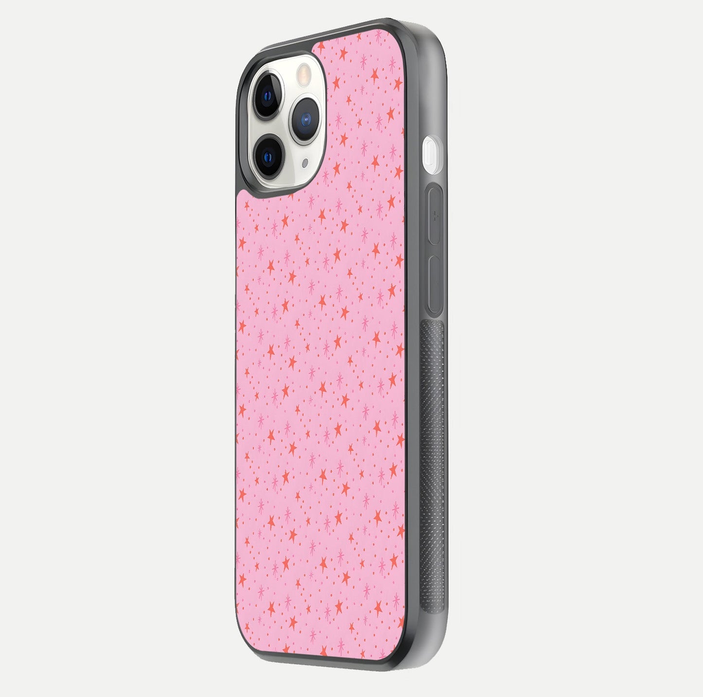 Cosmic Pink Sparkle iPhone 11 Pro glass phone case side profile view focusing on sleek edges and seamless wrap