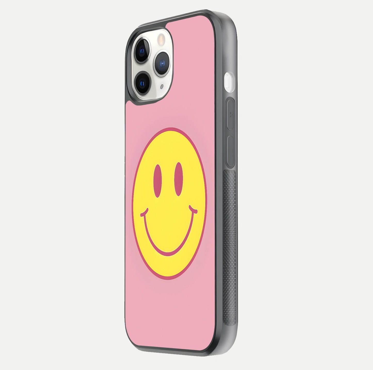 Happy Pink Mood iPhone 11 Pro glass phone case side profile view focusing on smooth frame and clean wrap