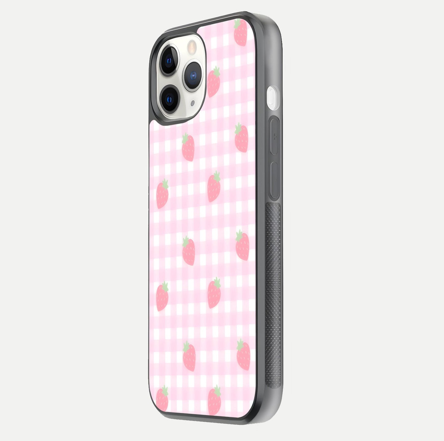 Strawberry Picnic Love iPhone 11 Pro glass phone case side profile view focusing on smooth frame and seamless wrap