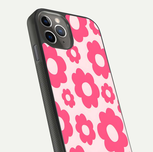 Blush Flower Pop iPhone 11 Pro Max glass phone case angled back view highlighting bright floral pop design and side grip texture