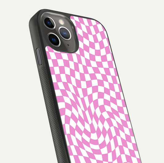Bubblegum Check Wave iPhone 11 Pro Max glass phone case angled back view highlighting check wave artwork and side grip texture