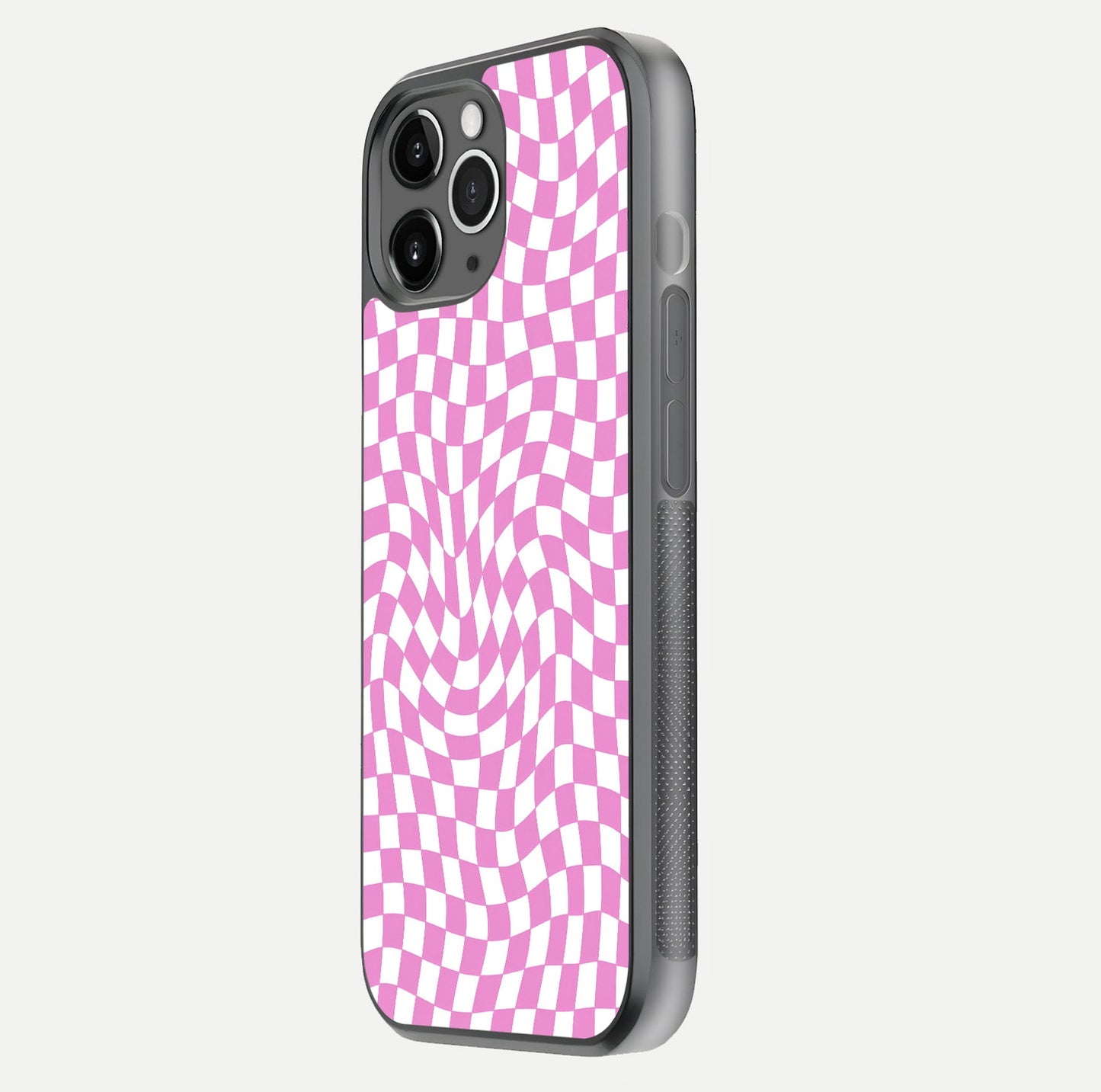 Bubblegum Check Wave iPhone 11 Pro Max glass phone case side profile view focusing on smooth edges and seamless wrap