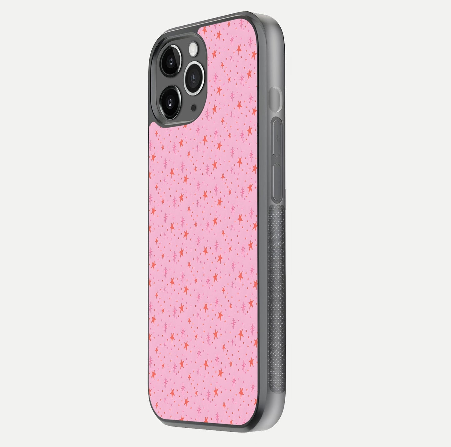 Cosmic Pink Sparkle iPhone 11 Pro Max glass phone case side profile view focusing on sleek edges and seamless wrap