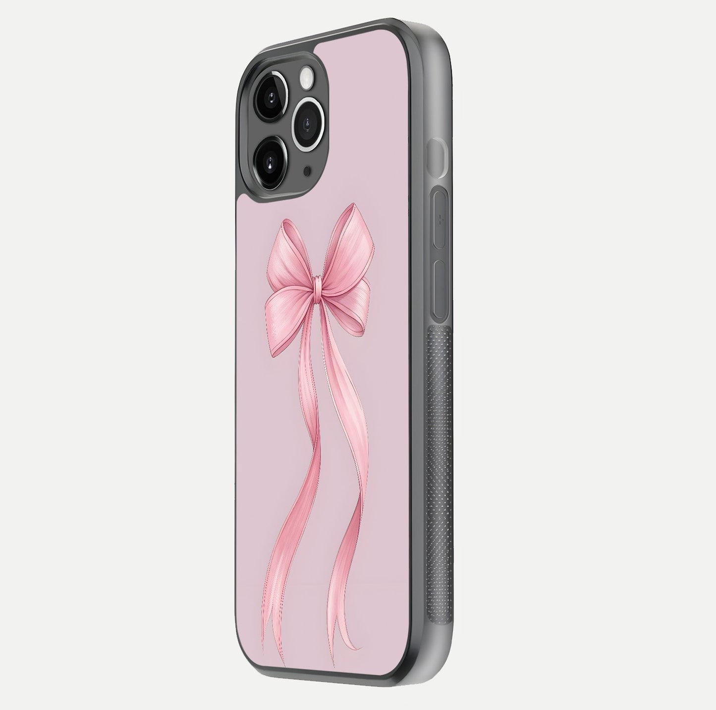 Soft Blush Bow iPhone 11 Pro Max glass phone case side profile view focusing on sleek edges and seamless wrap