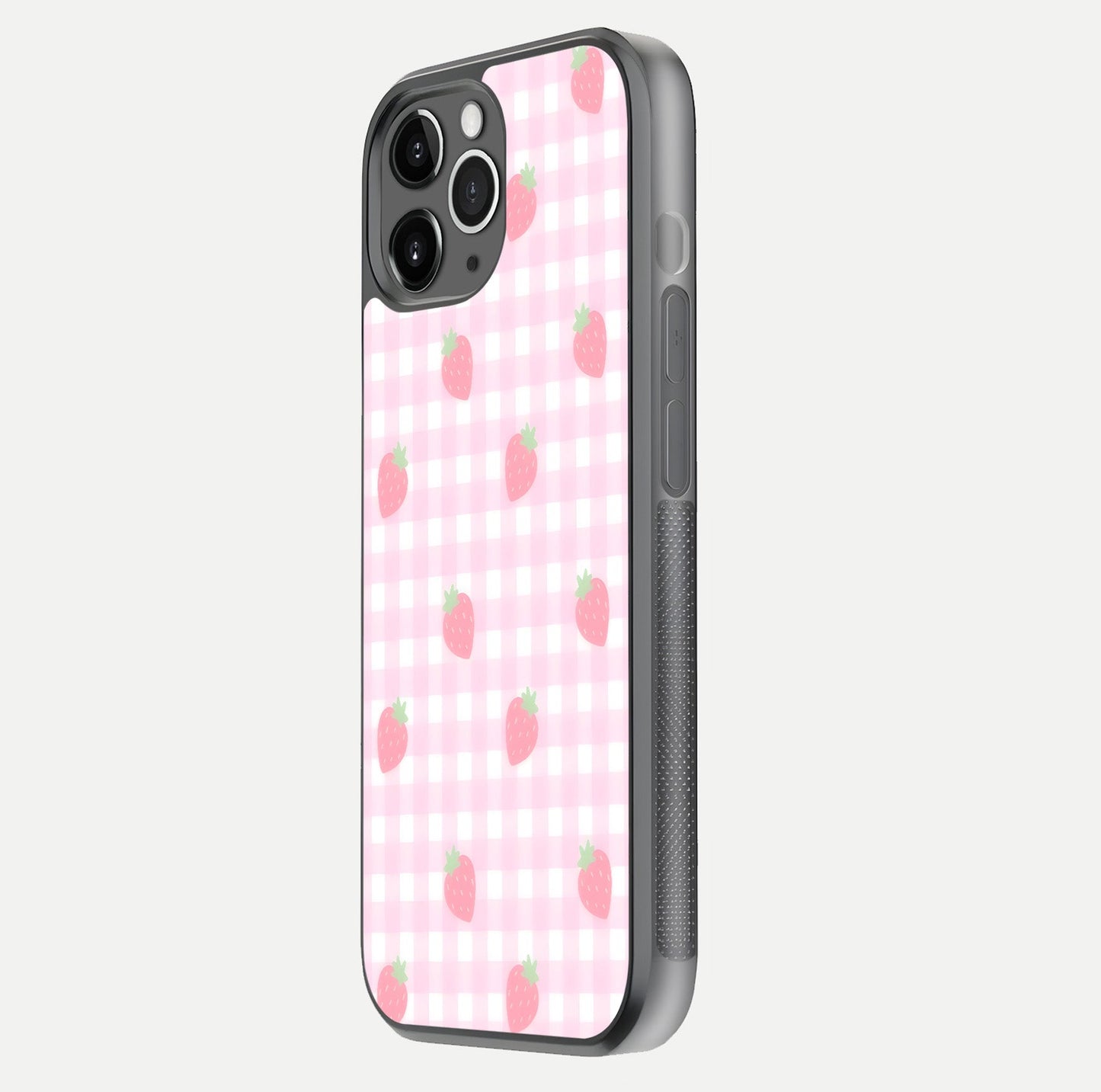 Strawberry Picnic Love iPhone 11 Pro Max glass phone case side profile view focusing on smooth frame and seamless wrap