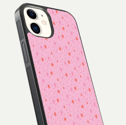 Cosmic Pink Sparkle iPhone 12 glass phone case angled back view highlighting sparkling galaxy design and textured side grip