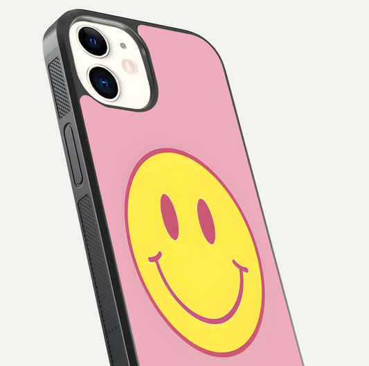 Happy Pink Mood iPhone 12 glass phone case angled back view highlighting bright pink artwork and side grip texture