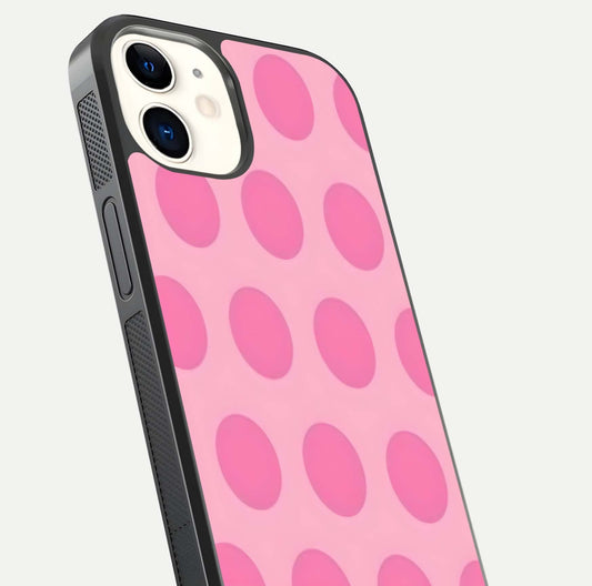 Sweet Dot Dreams iPhone 12 glass phone case angled back view highlighting dotted artwork and side grip texture