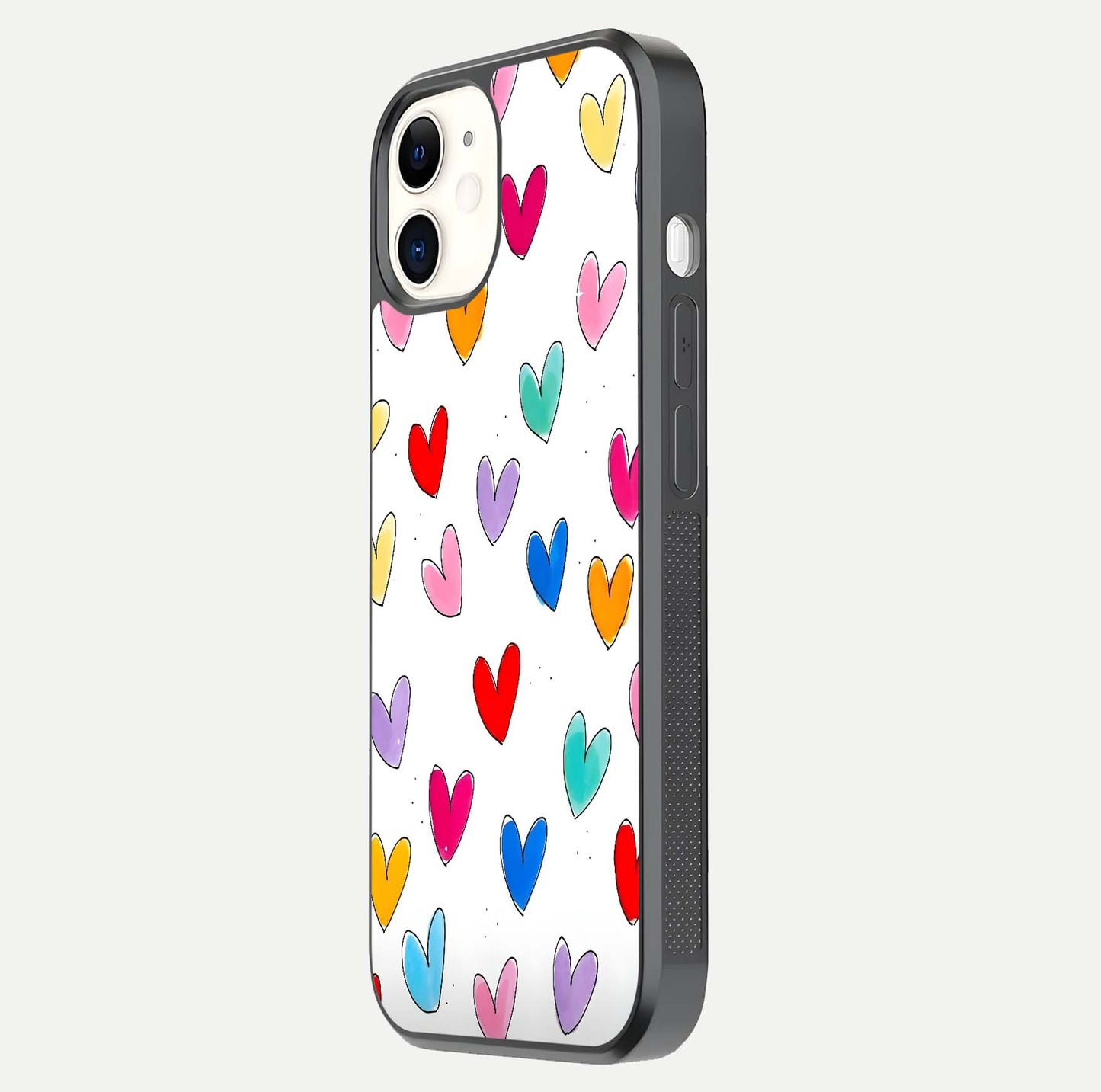 Playful Love Doodles iPhone 12 glass phone case side profile view focusing on smooth frame and seamless wrap