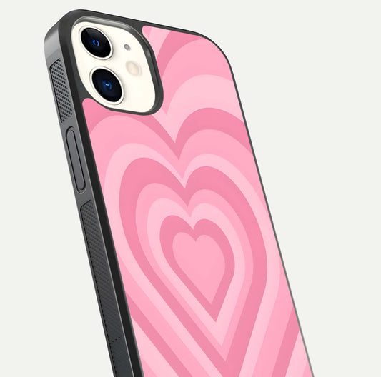 Blush Heart Waves iPhone 12 Mini glass phone case angled back view highlighting romantic heart wave artwork and grip texture