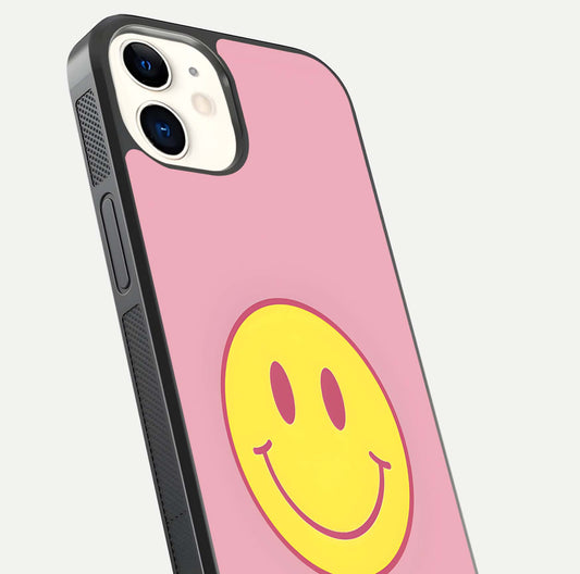 Happy Pink Mood iPhone 12 Mini glass phone case angled back view highlighting bright pink artwork and side grip texture