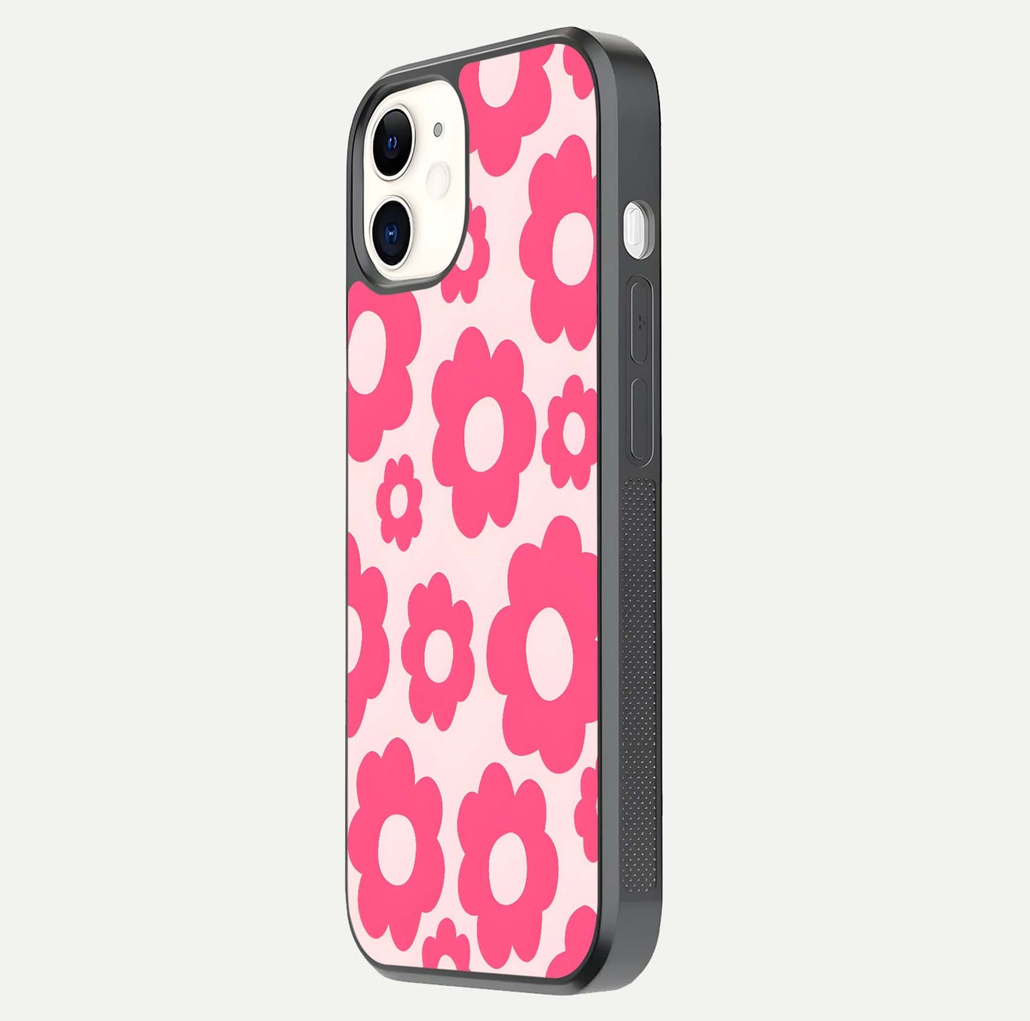 Blush Flower Pop iPhone 12 Mini glass phone case side profile view focusing on clean edges and seamless floral wrap