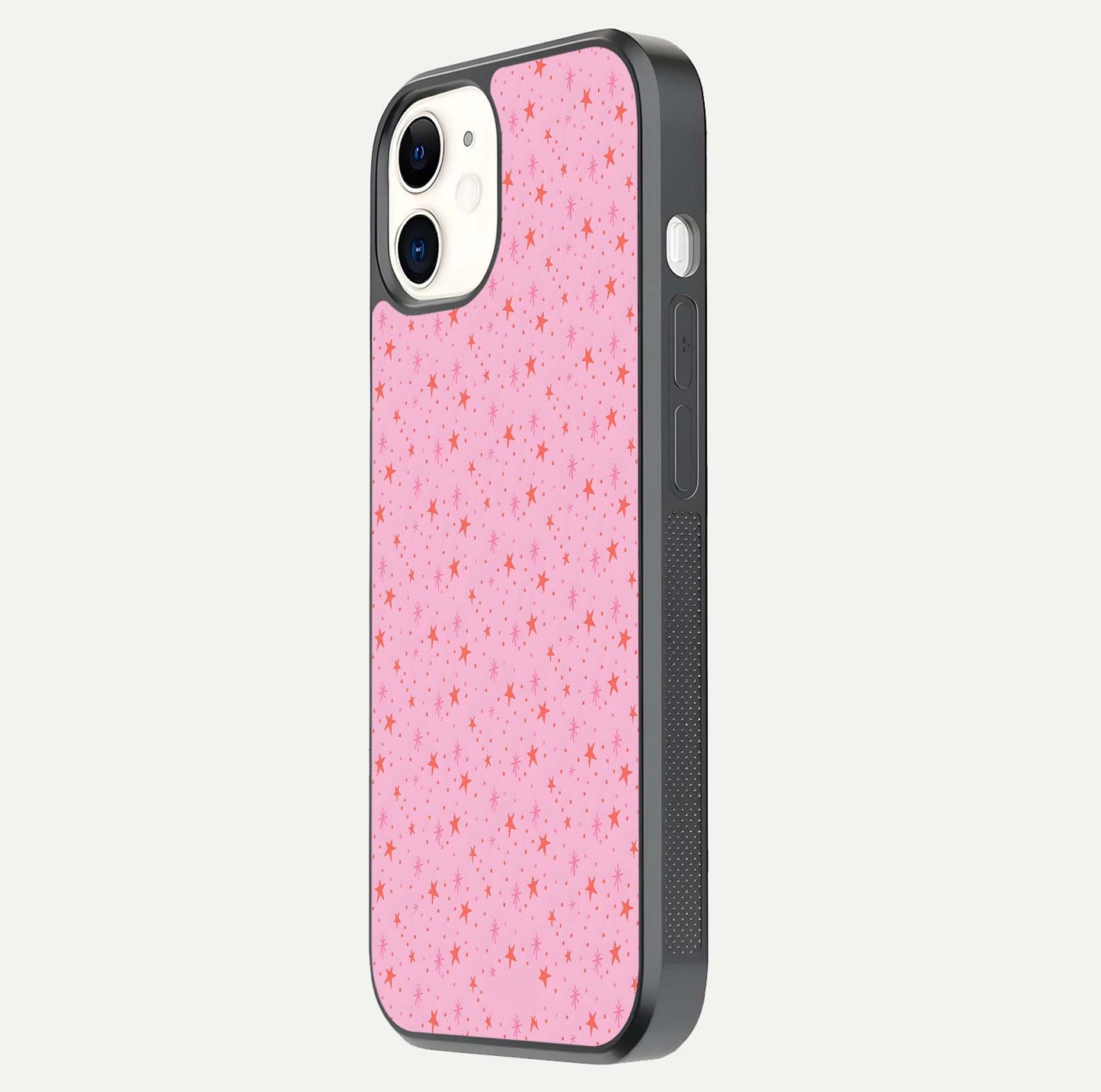 Cosmic Pink Sparkle iPhone 12 Mini glass phone case side profile view focusing on sleek edges and seamless wrap