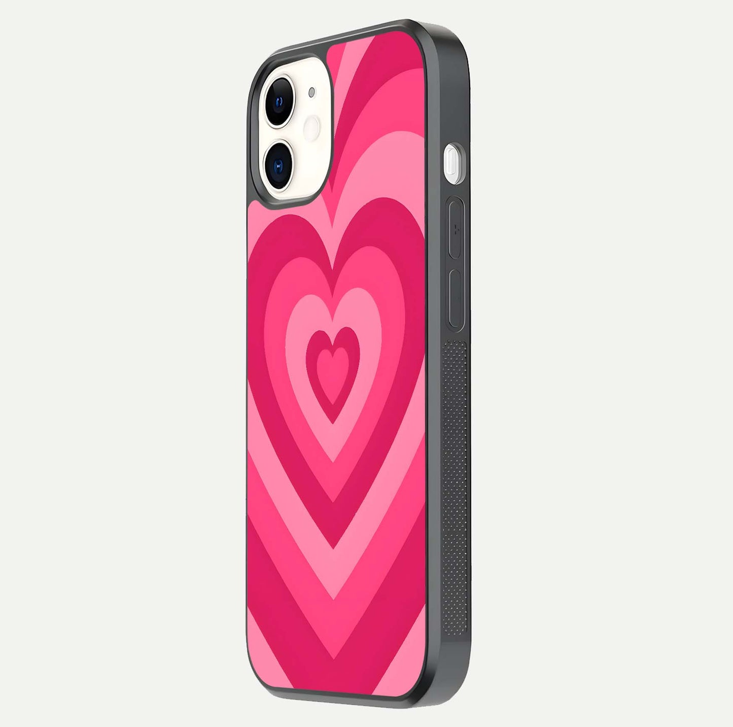 Layered Love Hearts iPhone 12 Mini glass phone case side profile view focusing on sleek edges and seamless wrap