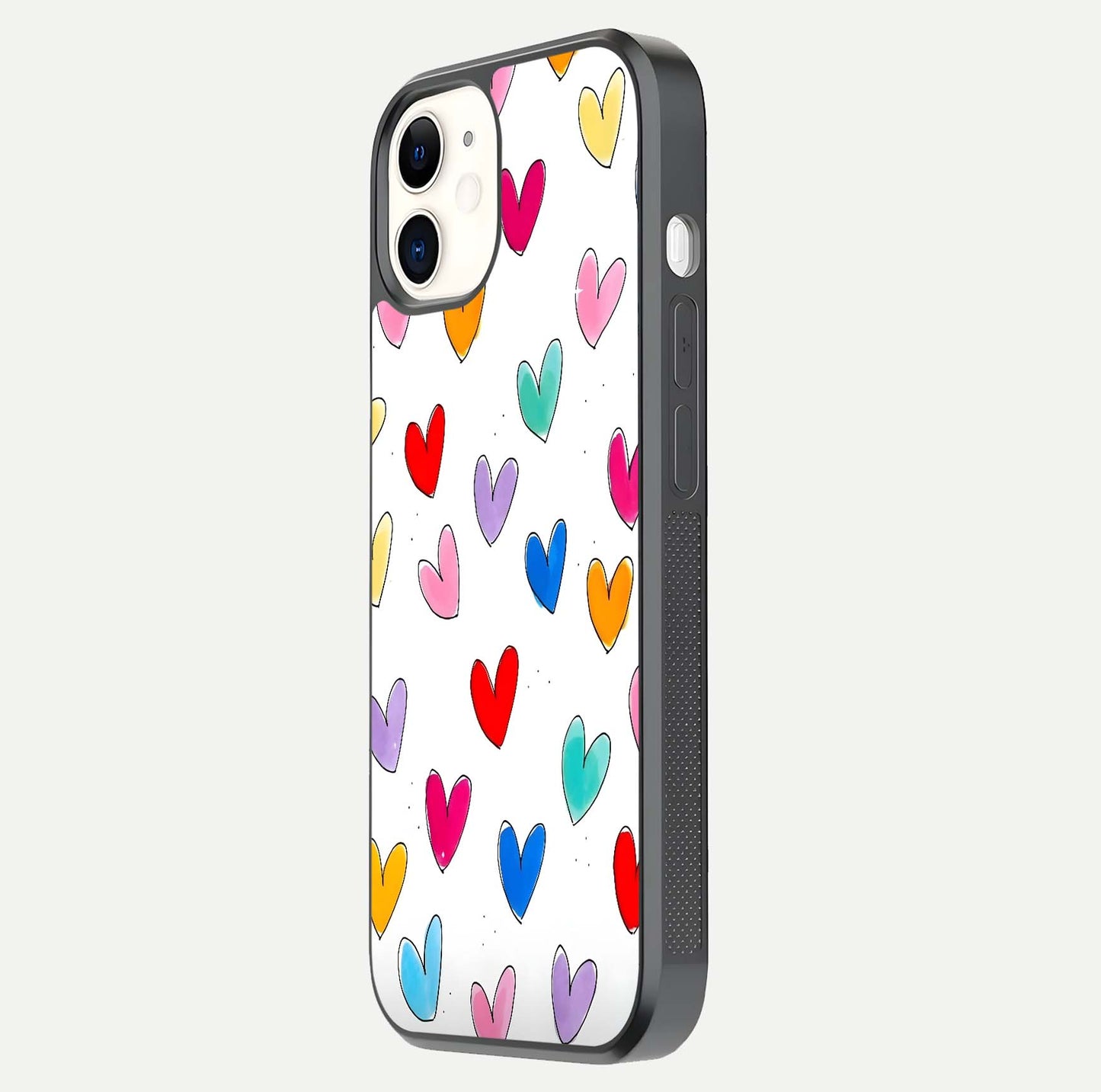 Playful Love Doodles iPhone 12 Mini glass phone case side profile view focusing on smooth frame and seamless wrap