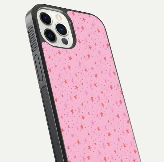 Cosmic Pink Sparkle iPhone 12 Pro glass phone case angled back view highlighting sparkling galaxy design and textured side grip