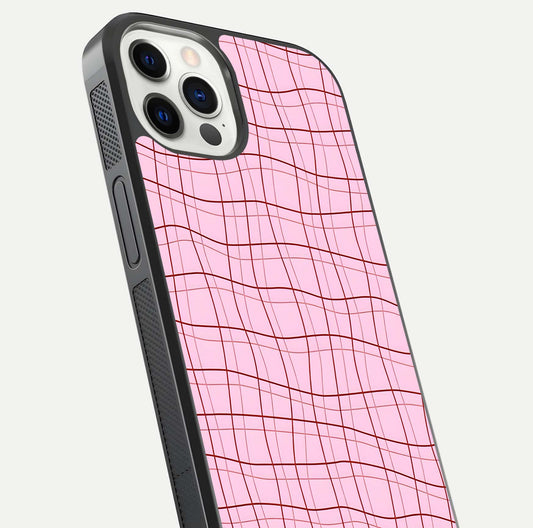 Soft Grid Bliss iPhone 12 Pro glass phone case angled back view highlighting grid artwork and side grip texture