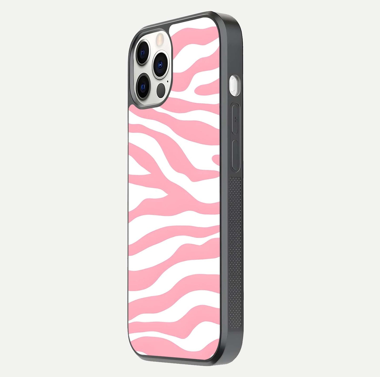 Blush Zebra Flow iPhone 12 Pro glass phone case side profile view focusing on sleek frame and seamless wrap