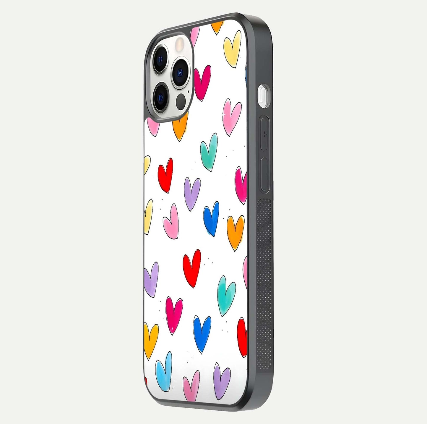 Playful Love Doodles iPhone 12 Pro glass phone case side profile view focusing on smooth frame and seamless wrap