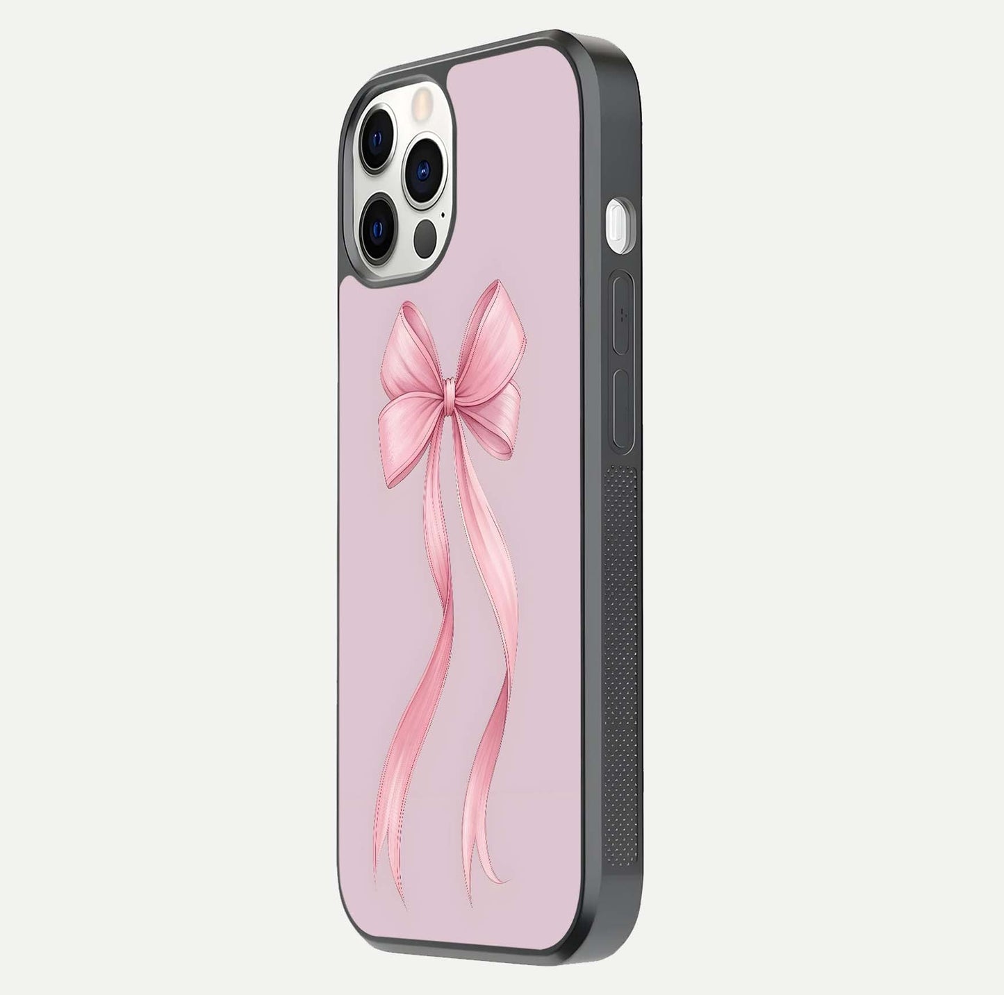 Soft Blush Bow iPhone 12 Pro glass phone case side profile view focusing on sleek edges and seamless wrap