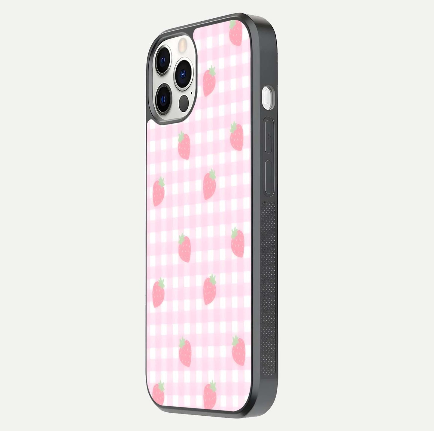 Strawberry Picnic Love iPhone 12 Pro glass phone case side profile view focusing on smooth frame and seamless wrap