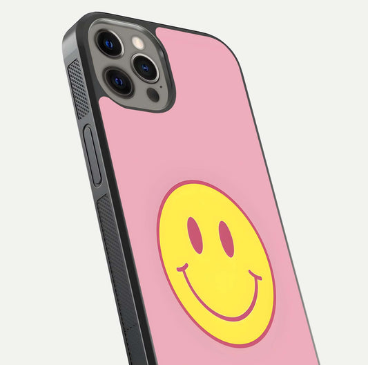 Happy Pink Mood iPhone 12 Pro Max glass phone case angled back view highlighting bright pink artwork and side grip texture