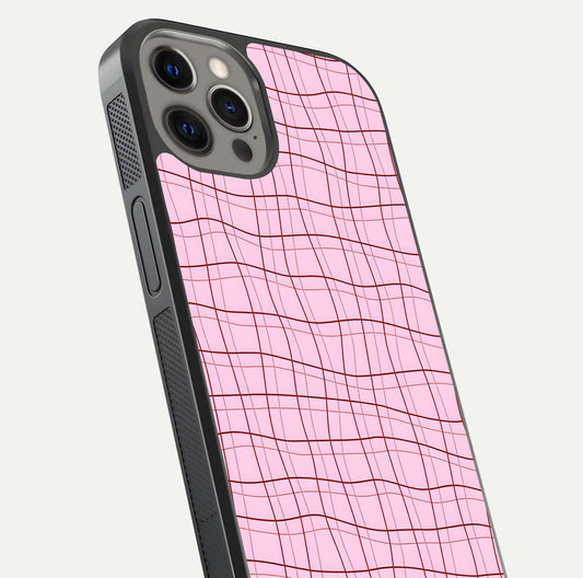 Soft Grid Bliss iPhone 12 Pro Max glass phone case angled back view highlighting grid artwork and side grip texture