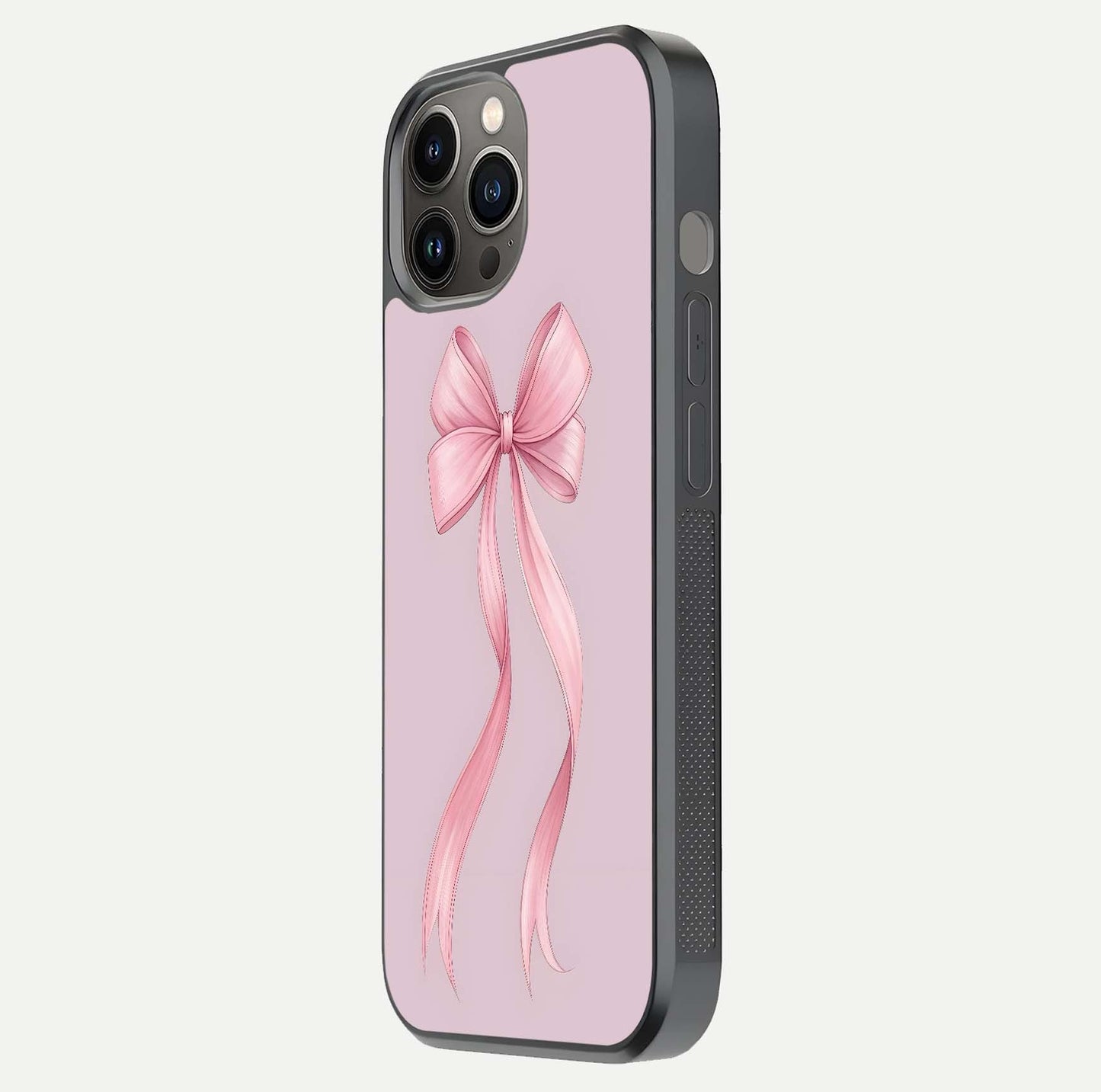 Soft Blush Bow iPhone 12 Pro Max glass phone case side profile view focusing on sleek edges and seamless wrap