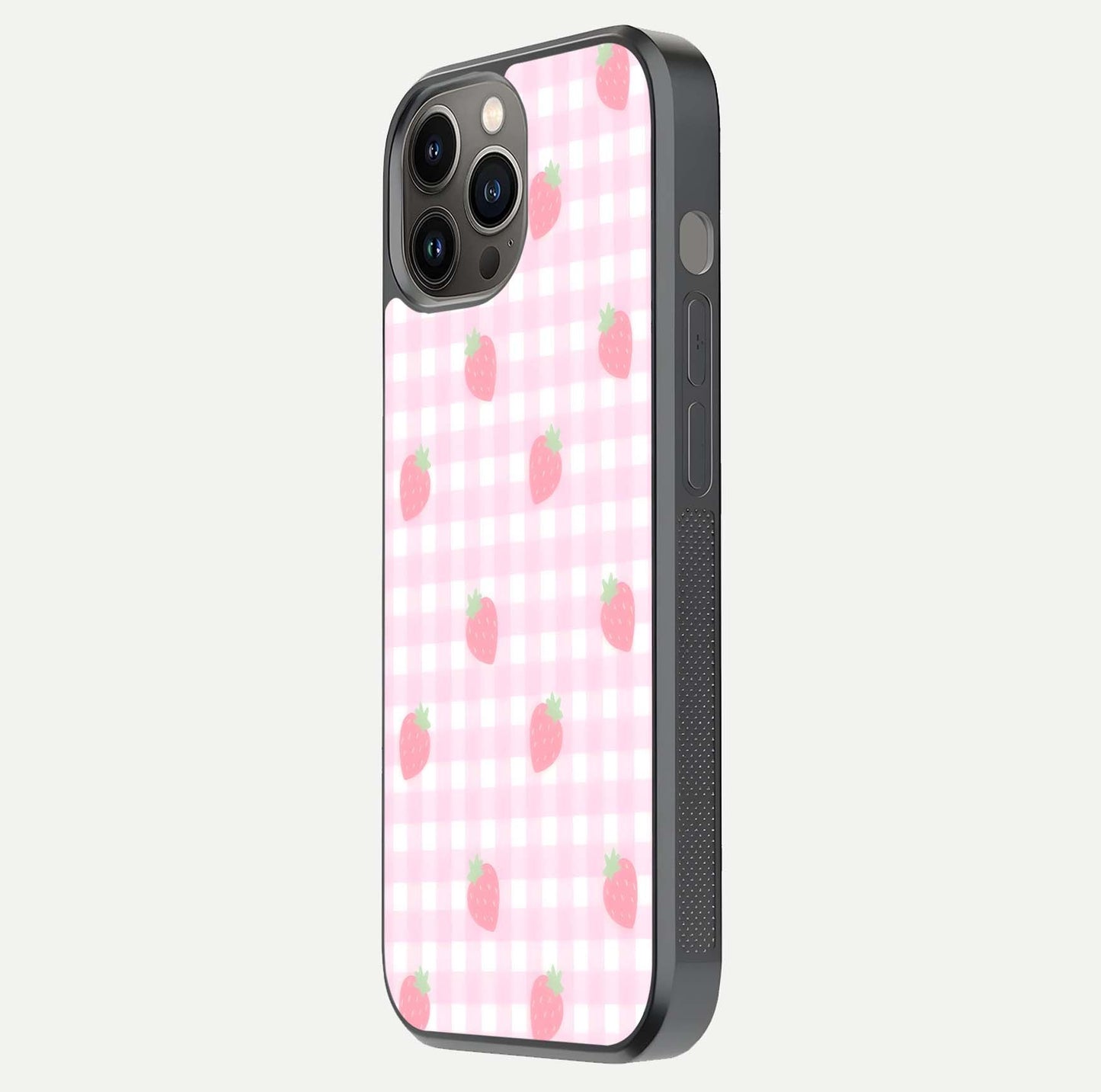 Strawberry Picnic Love iPhone 12 Pro Max glass phone case side profile view focusing on smooth frame and seamless wrap