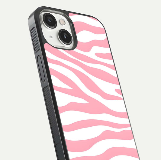 Blush Zebra Flow iPhone 13 glass phone case angled back view highlighting bold zebra artwork and textured side grip