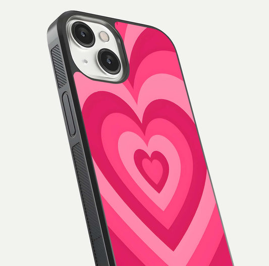 Layered Love Hearts iPhone 13 glass phone case angled back view highlighting heart artwork and textured grip edges