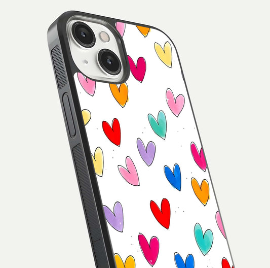 Playful Love Doodles iPhone 13 glass phone case angled back view highlighting doodle artwork and textured grip edges