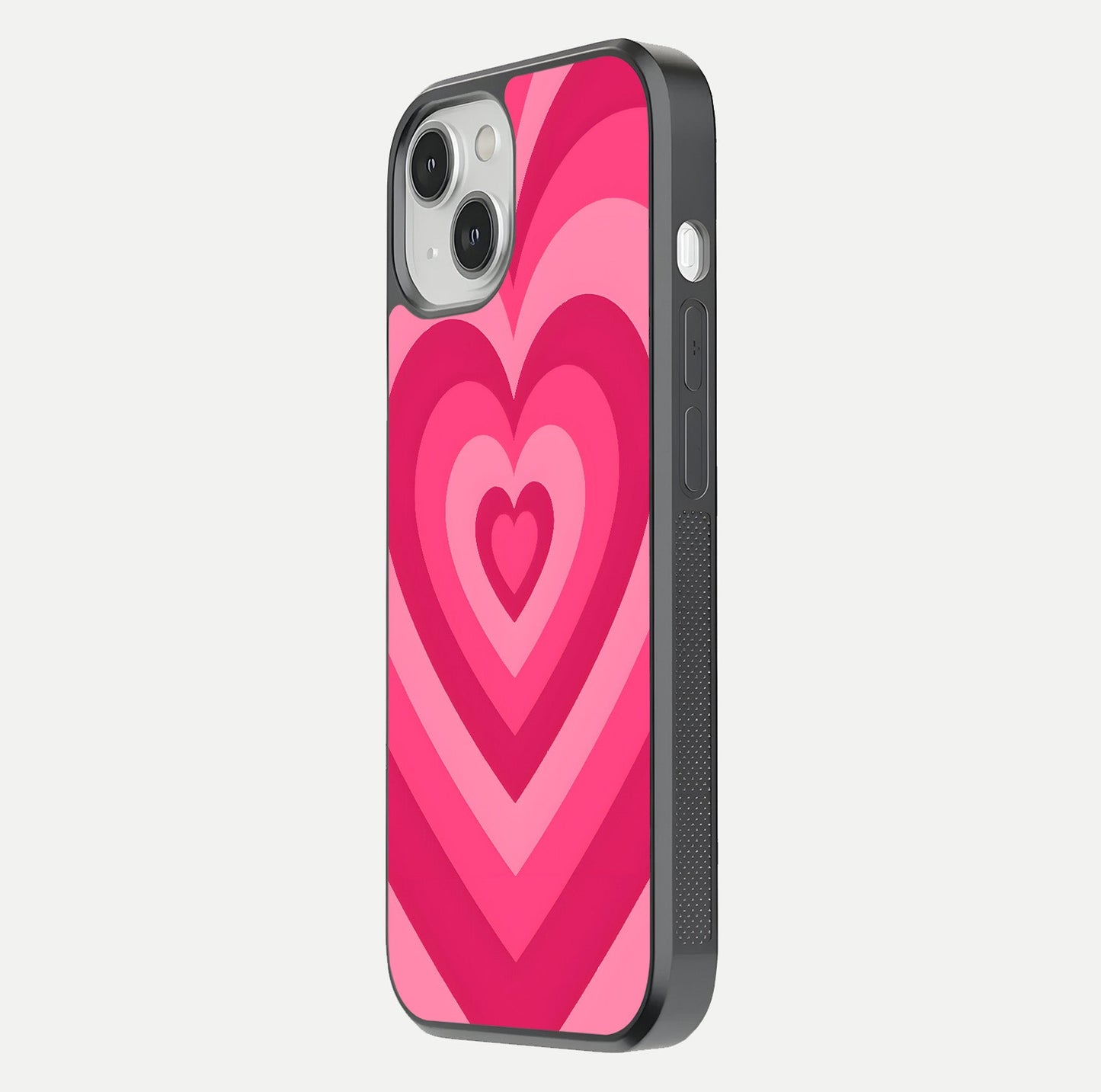 Layered Love Hearts iPhone 13 glass phone case side profile view focusing on sleek edges and seamless wrap