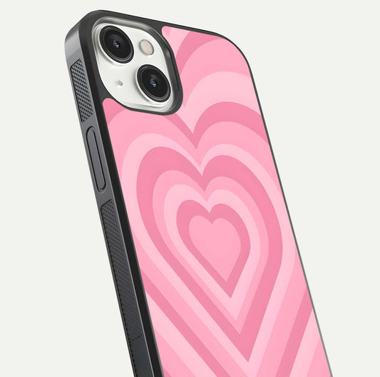 Blush Heart Waves iPhone 13 Mini glass phone case angled back view highlighting romantic heart wave artwork and grip texture