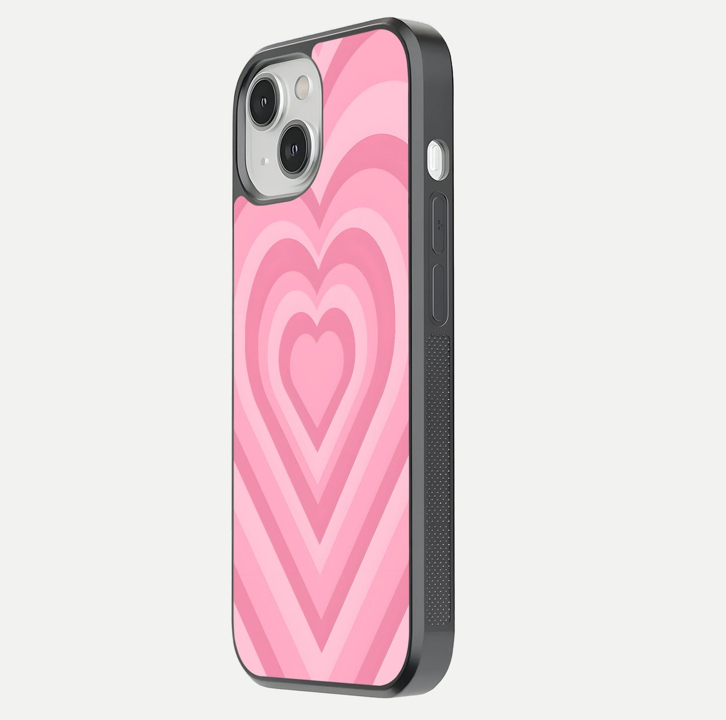 Blush Heart Waves iPhone 13 Mini glass phone case side profile view focusing on smooth edges and elegant wrap