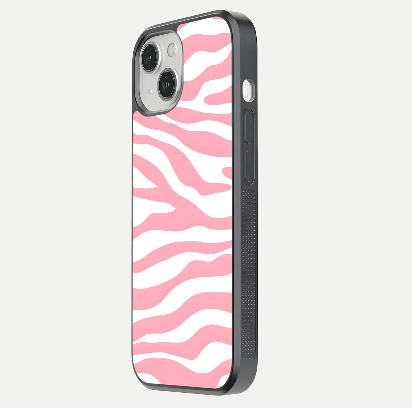 Blush Zebra Flow iPhone 13 Mini glass phone case side profile view focusing on sleek frame and seamless wrap