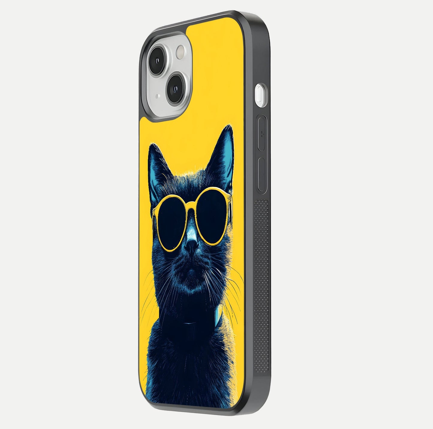 Cool Cat Vibes iPhone 13 Mini glass phone case side profile view focusing on sleek edges and seamless wrap
